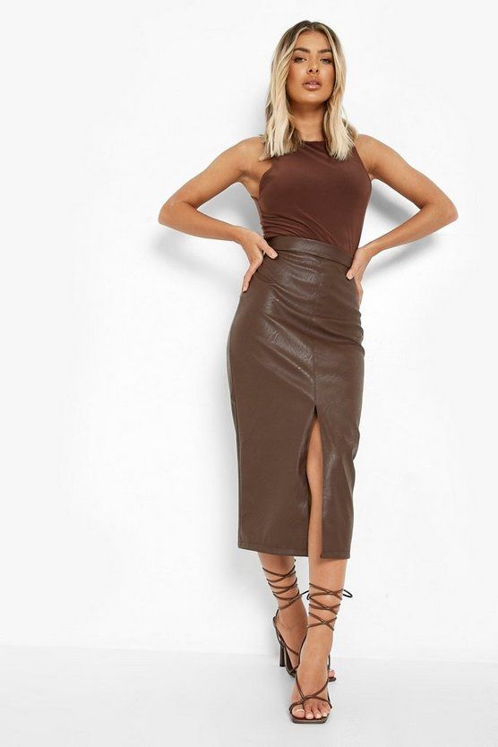 Pu Split Hem Midi Skirt | Boohoo.com (UK & IE)