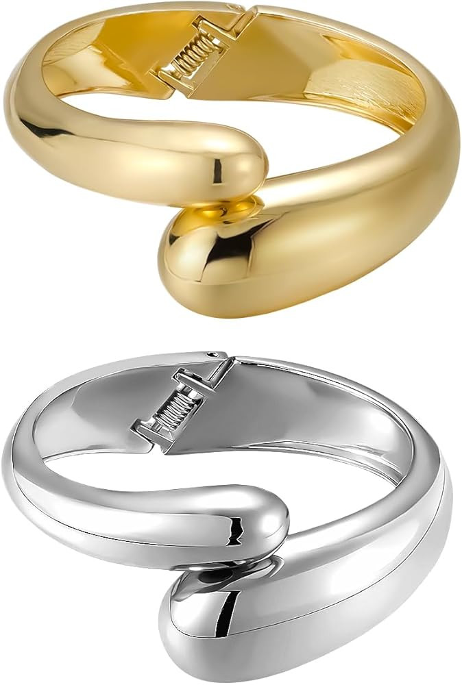 Cuff Bracelet Stack, 18K Gold-plated Open Bangle Bracelet, Teardrop Hinged Thick Wrist Chunky Bra... | Amazon (US)