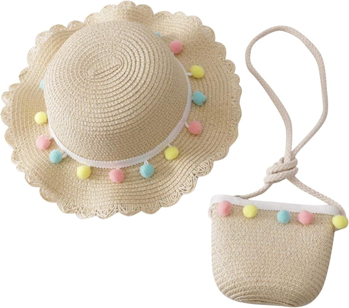 Toddler Baby Girls Wide Brim Straw Sun Hat with Shoulder Bag Set Cute Pompom Beach Cap | Amazon (US)