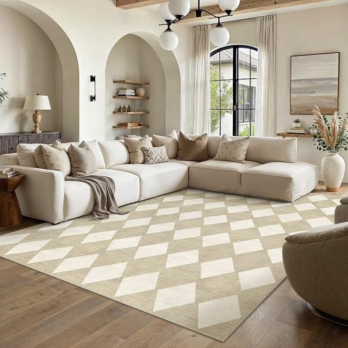 Machine Washable Beige 10x12 Area Rugs for Living Room Modern Soft Large Checkered Rug Non-Slip L... | Amazon (US)