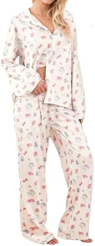 Womens 2 Piece Floral Fruit Button Down Pajama Sets Cute Long Sleeve Wide Leg Soft Pjs Loungewear | Amazon (US)