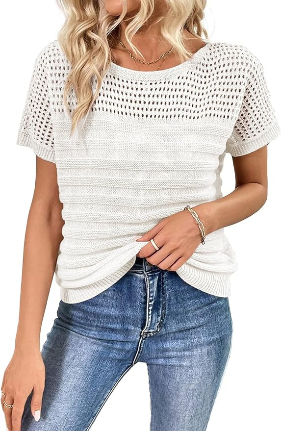 SHEWIN Womens Sweaters Crew Neck Short Sleeve Shirts Summer Tops Knit Hollow Out T Shirts Sweater... | Amazon (US)