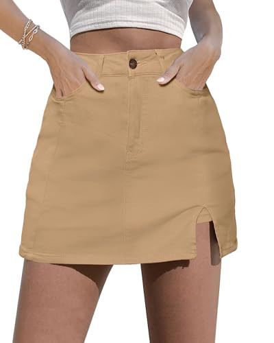 luvamia Skorts Skirts for Women Denim Mini Skirt Side Slit with High Wasited Jean Shorts Stretchy Skorts for Women Dressy Casual Skorts for Women Dressy Casual Khaki Size Xx-Large Size 20 Size 22 | Amazon (US)