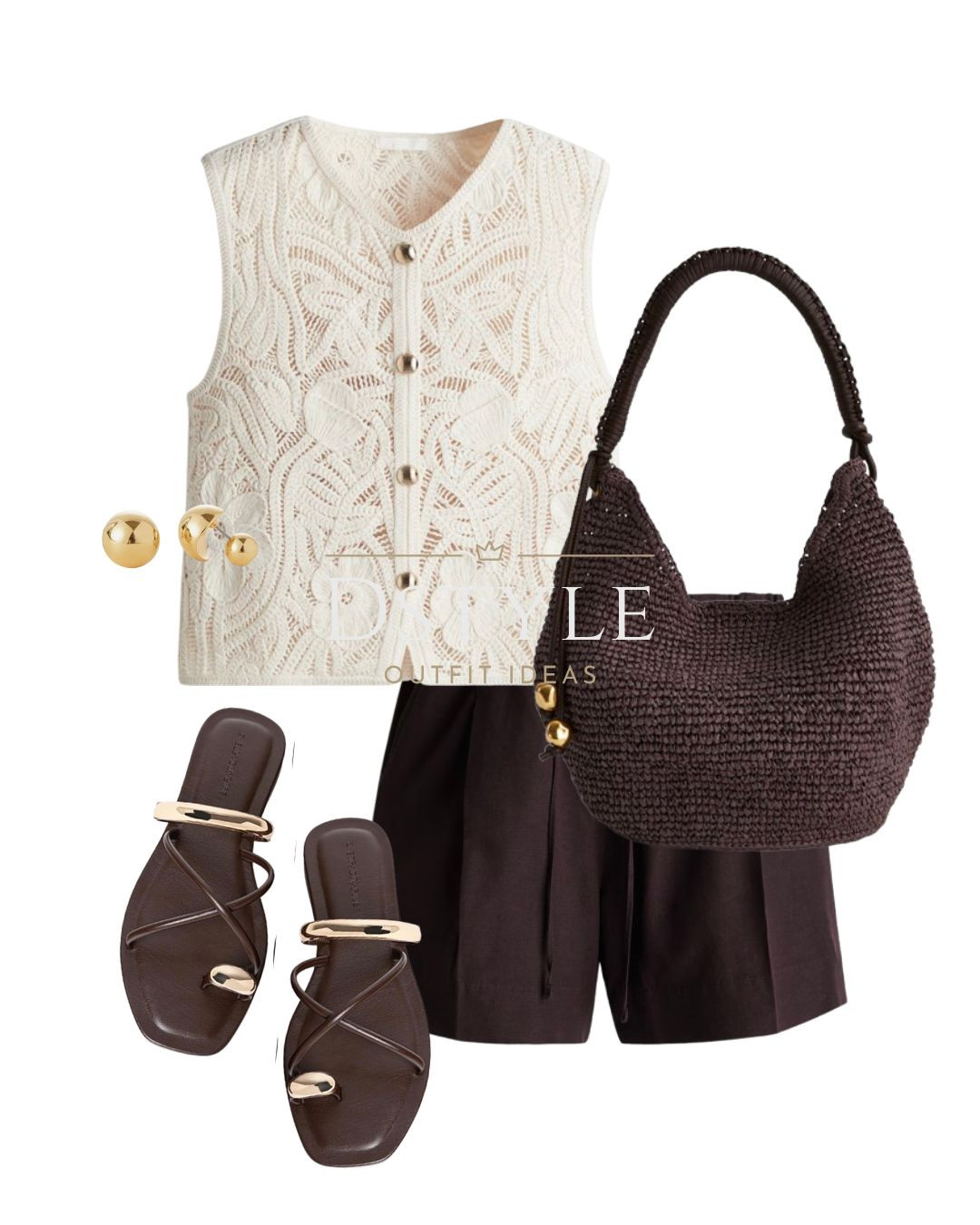 Crochet-look vest/ waistcoat, brugundy linen-blend drawstring shorts, chocolate brown straw bag, dark brown  flat sandals with metal detail. 

 

#LTKStyleTip #LTKWorkwear #LTKShoeCrush