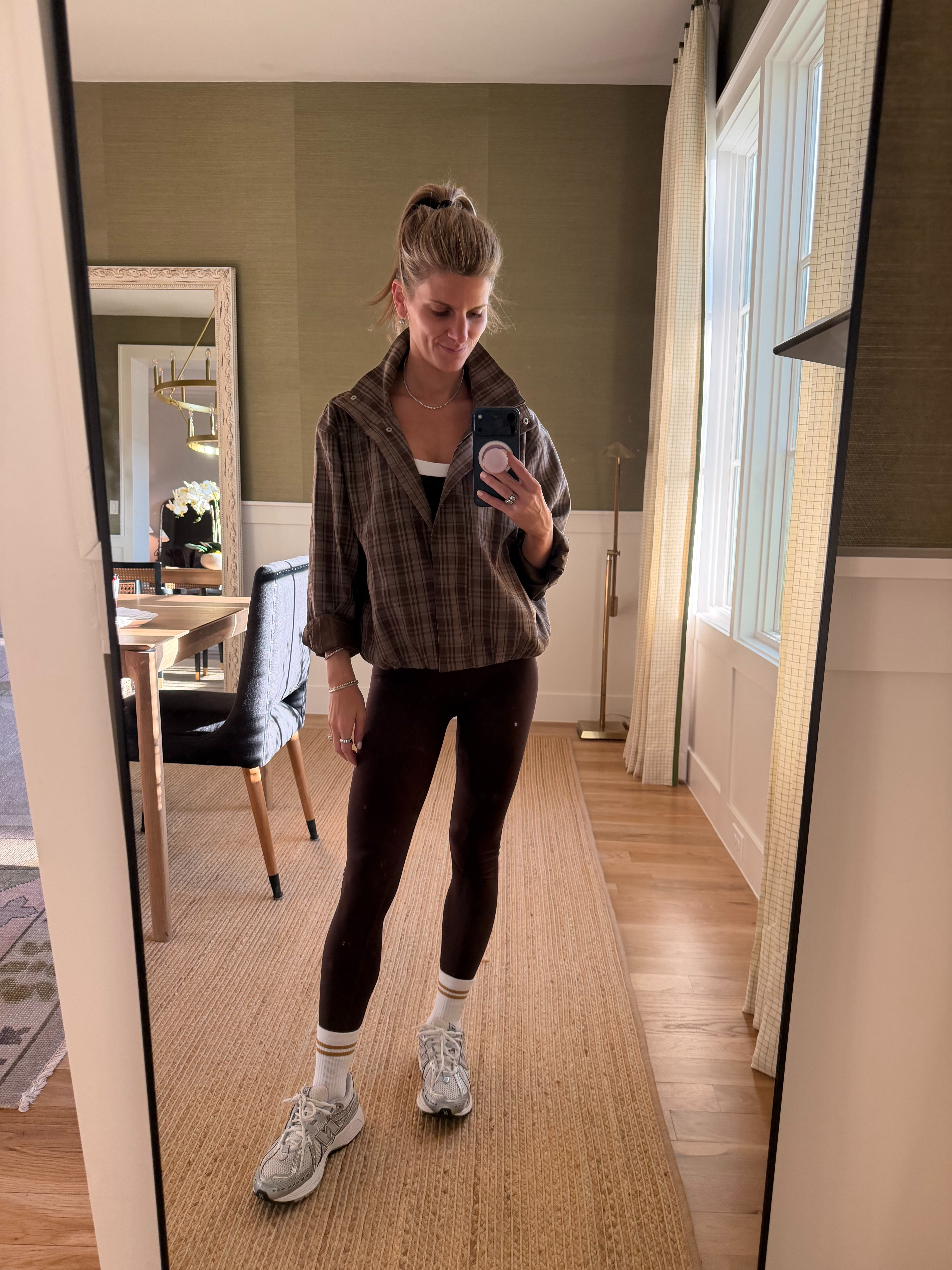 Form Active Brown Set (wearing XS) and ASTR plaid funnel neck windbreaker jacket (wearing XS).  

 #LTKSeasonal #LTKActive