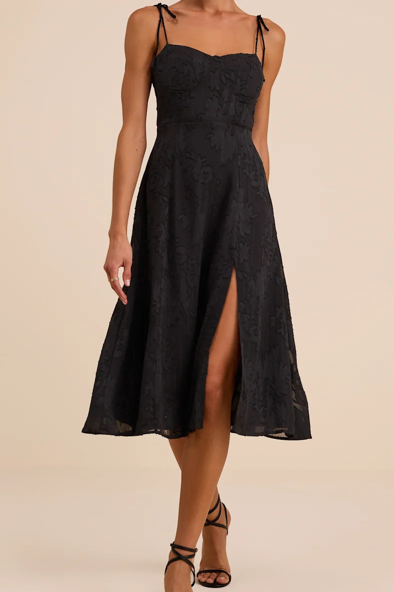 Loveliest Looks Black Floral Jacquard Tie-Strap Midi Dress | Lulus