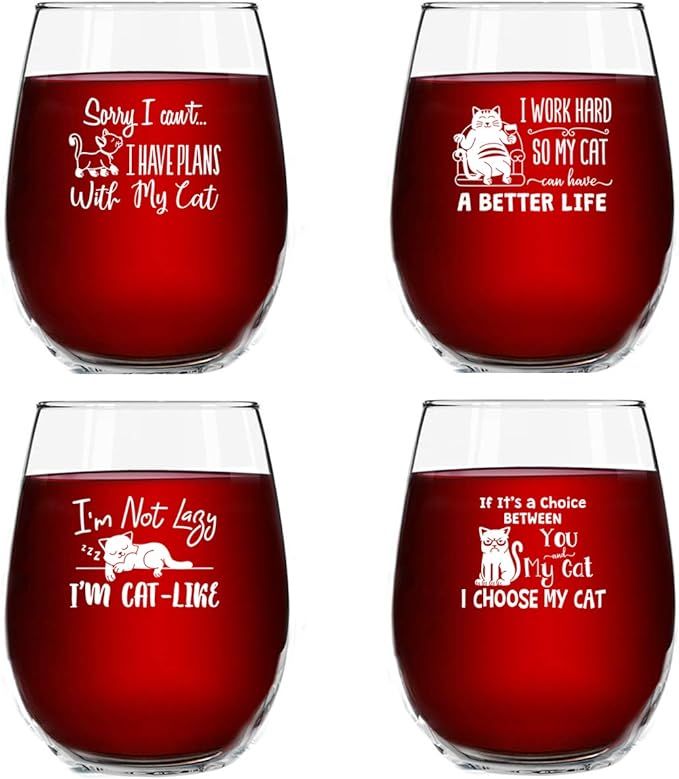 Funny Cat Stemless Wine Glasses Set of 4 | Hilarious Cat Gift Idea for Women, Pet Owners and Wine... | Amazon (US)