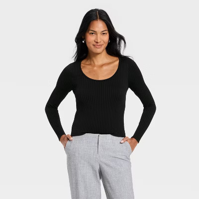Women's Slim Fit Ribbed Seamless Long Sleeve Top - A New Day™ Black S | Target