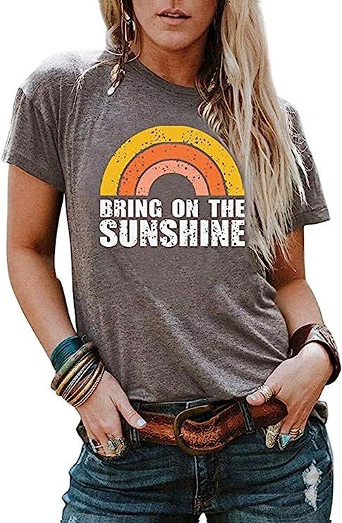 Bring On The Sunshine Letter Print T Shirt Top Women Summer Short Sleeve Rainbow Graphic Print T ... | Amazon (US)