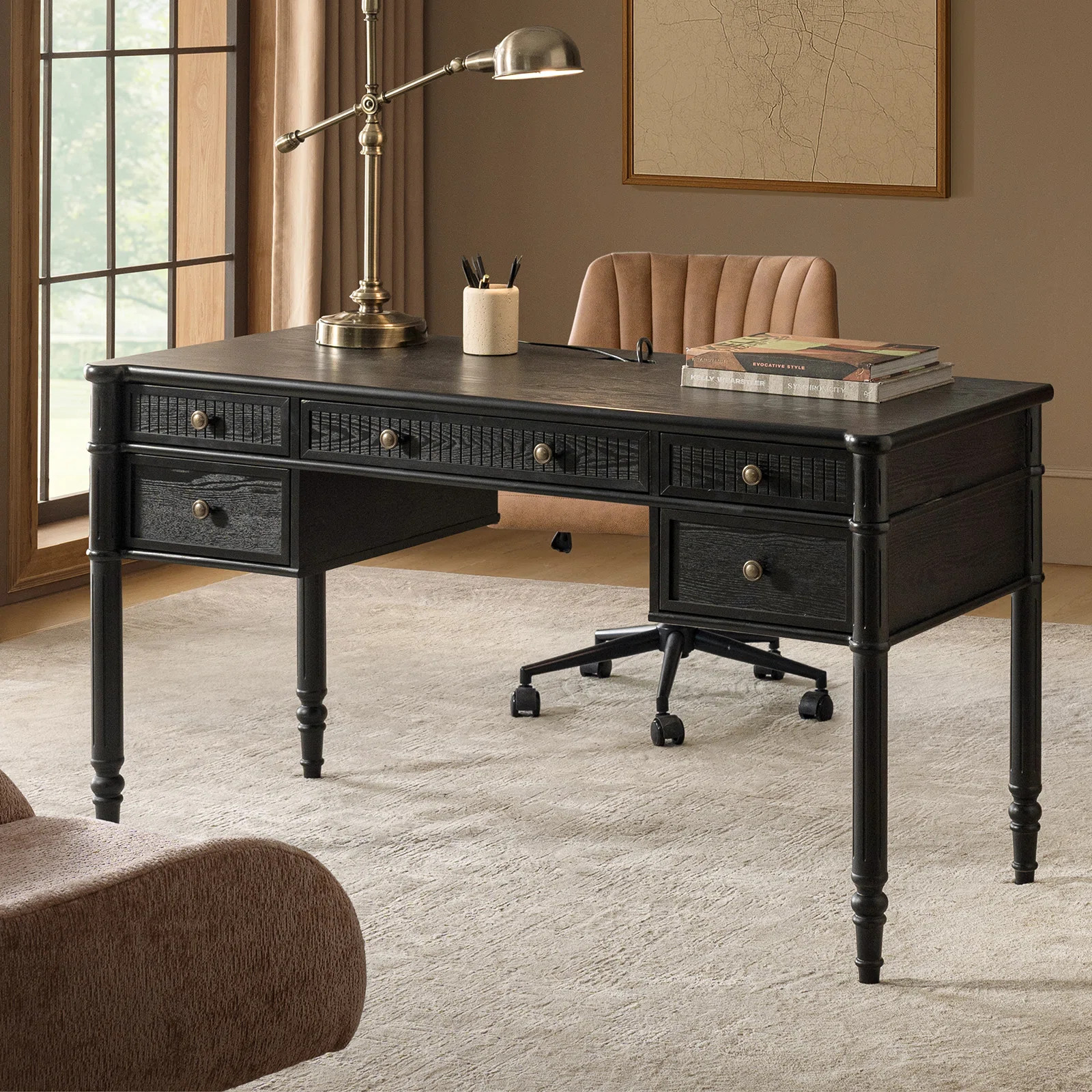 Hoai 55''W Transitional Fluted Simple Assembly Desk with Charging Station and Cable Management | Wayfair North America