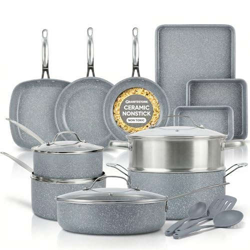 Granitestone Ceraluxe 20 Pc Ceramic Cookware Set Nonstick, Complete Pots and Pans Set Non Stick for Kitchen with Bakeware, Utensils & Steamer, Non Toxic Made Without PFOA PFOS, Oven & Dishwasher Safe | Amazon (US)