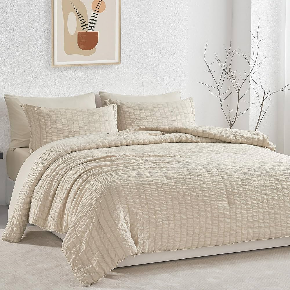 JELLYMONI Seersucker Comforter Set Full Size with Cream Grey Fluffy Bed in a Bag 7-Pieces, All Se... | Amazon (US)