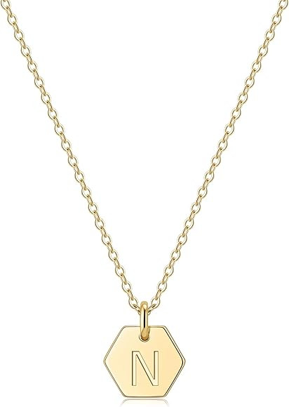Hexagon Initial Necklace for Women, 14k Gold Filled Dainty Initial Letter Pendant Necklace Monogr... | Amazon (US)