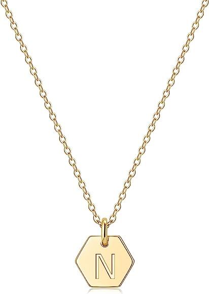 Hexagon Initial Necklace for Women, 14k Gold Filled Dainty Initial Letter Pendant Necklace Monogr... | Amazon (US)