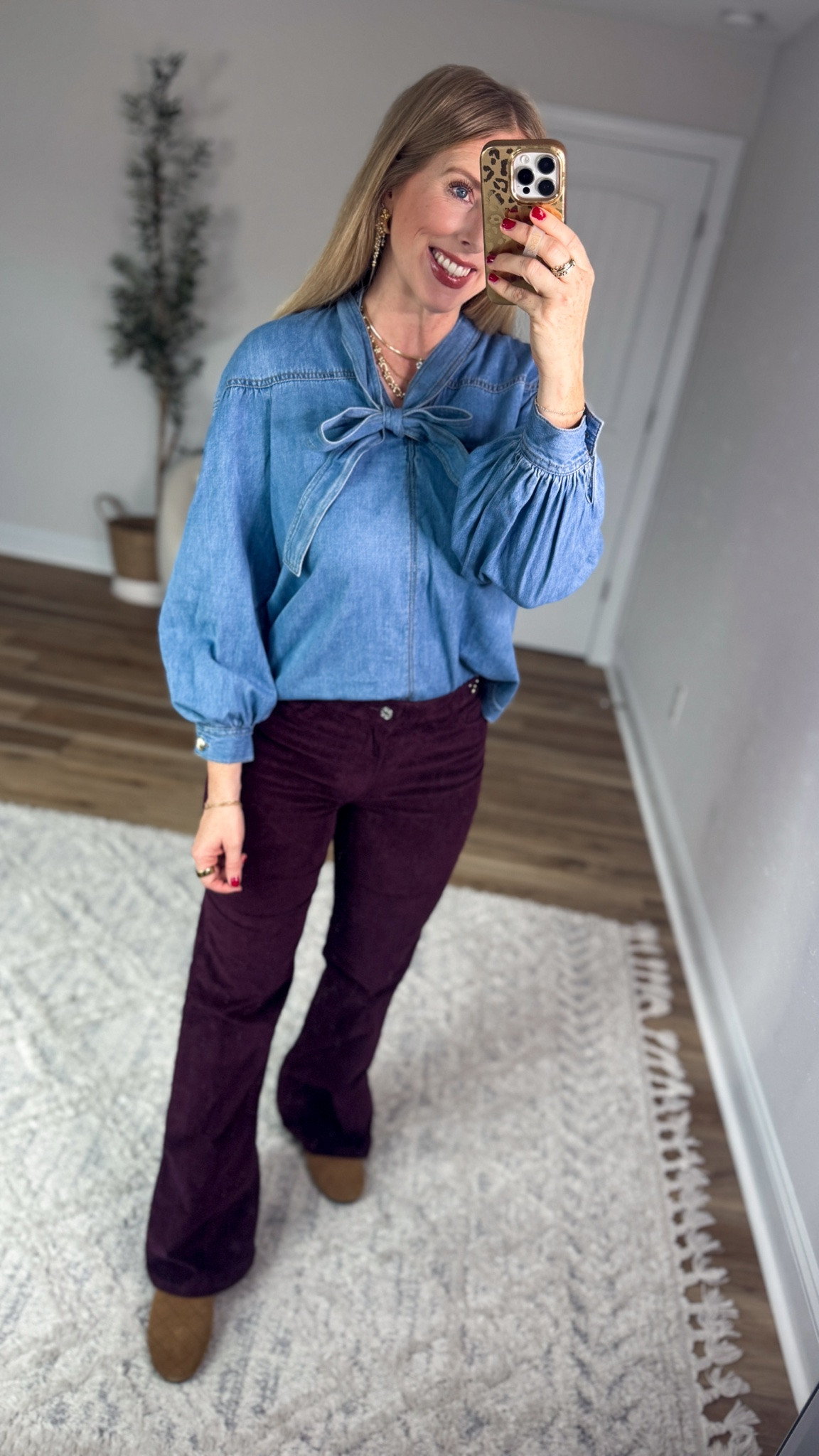 Weekend Walmart Wins try-on
Denim tie neck top- small [tie is removable] 
Corduroy flares with horsebit design- 6