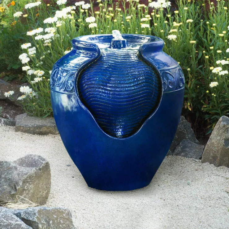 16.93" Glazed Pot Outdoor Floor Fountain with LED Lights - Teamson Home | Target