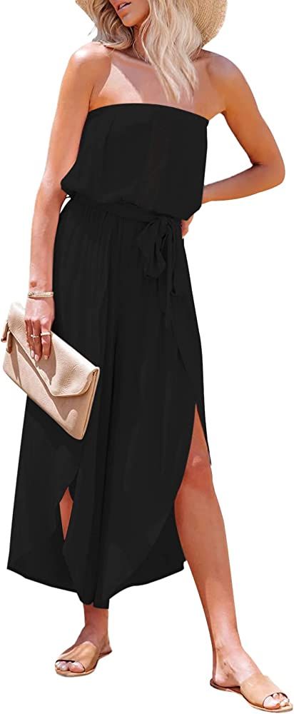 Meenew Women's Strapless Flowy Jumpsuit Tube Top Wide Leg Pants Romper with Belt | Amazon (US)