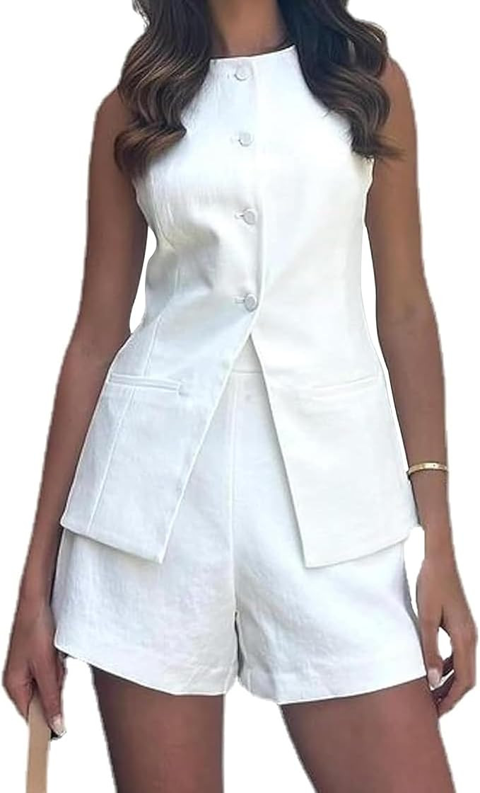 Linen Sets for Women 2 Piece Waistcoat Old Money Button Down Vest and Shorts Y2k Blazer Shorts Se... | Amazon (US)