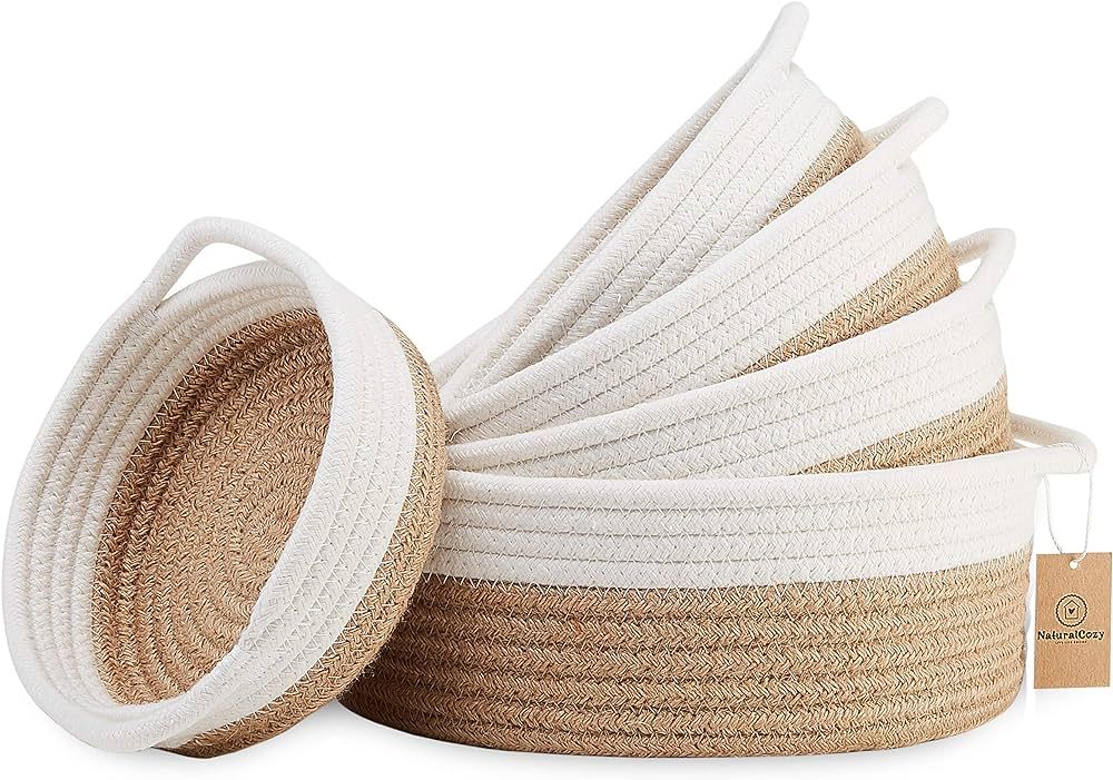 NaturalCozy 5-Piece Round Small Woven Baskets Set - 100% Natural Cotton Rope Baskets! Key Tray, K... | Amazon (US)