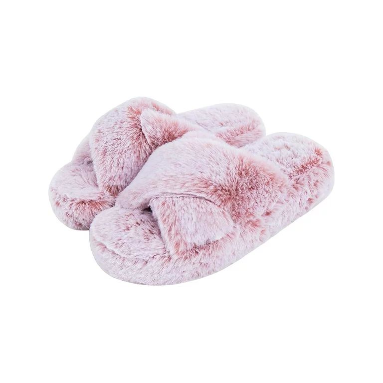 DL Fluffy Womens House Slippers Cross Band Open Toe Bedroom Slippers Fuzzy | Walmart (US)