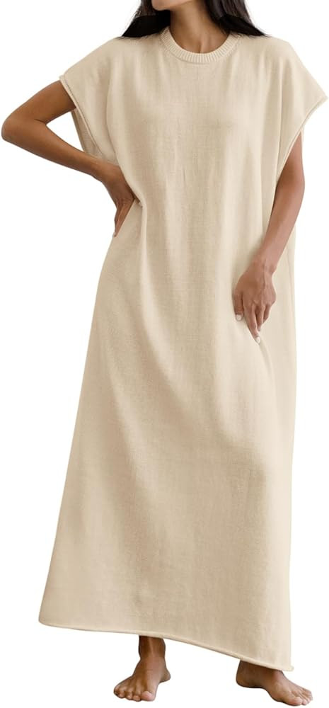 Wenrine Womens Casual Short Sleeve Dress Summer Oversized Crewneck Loose Fit Knit Maxi Dresses | Amazon (US)