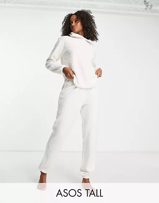 ASOS DESIGN Tall exclusive lounge borg hoodie & sweatpants set in cream | ASOS (Global)