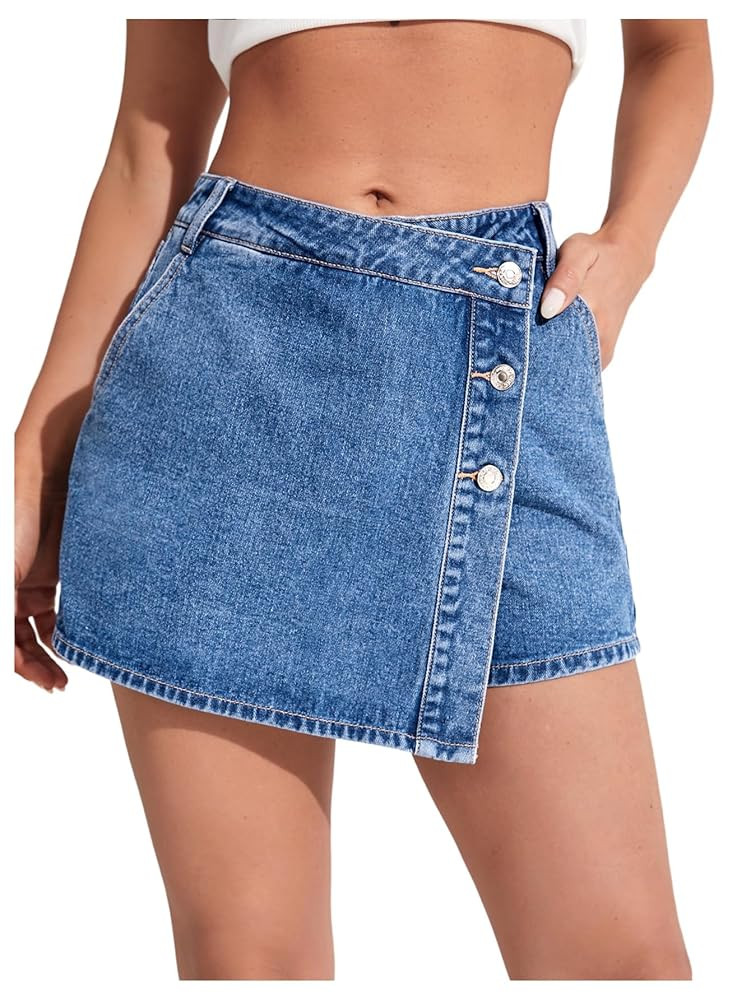 Floerns Women's Button Front High Waisted Denim Skort Casual Asymmetrical Jean Shorts | Amazon (US)