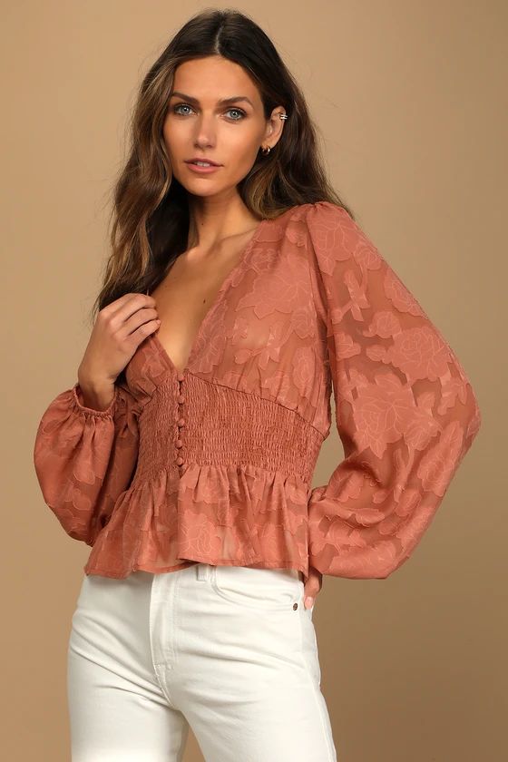 Patio Date Rusty Rose Floral Jacquard Button-Up Long Sleeve Top | Lulus (US)