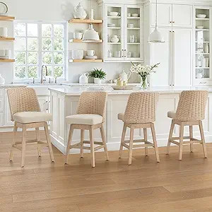 LUE BONA Rattan Bar Stools Set of 4, 27” Swivel Wooden Bars Stools with Thick Linen Seat, Handw... | Amazon (US)