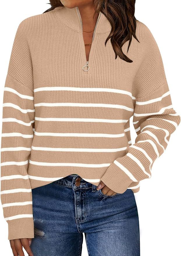 LILLUSORY Women's Quarter Zip Striped Oversized Collar Pullover Sweater Knit Warm Clothes for Win... | Amazon (US)