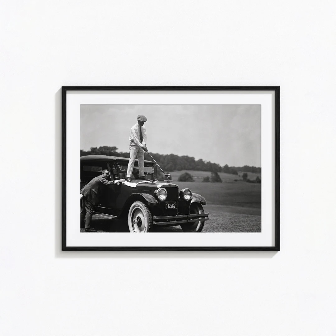 Vintage Golf Print, Golfer Standing on Antique Car, Black and White Wall Art, Vintage Print, Phot... | Etsy (US)