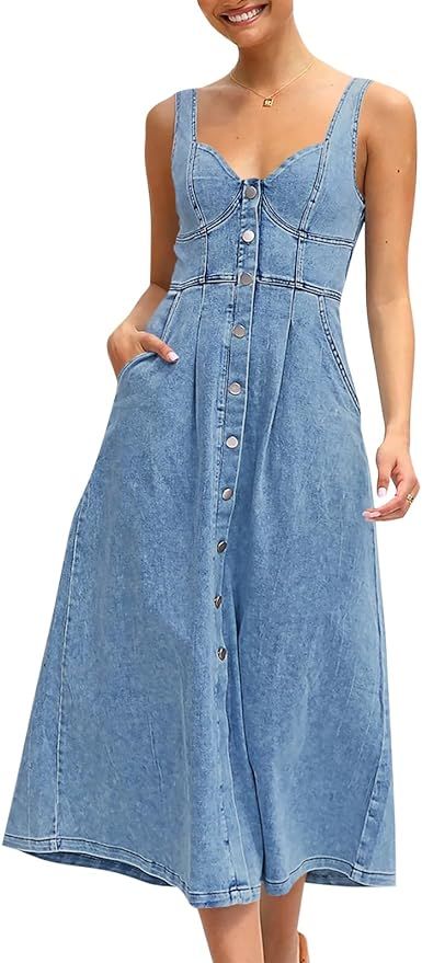 Fisoew Women’s Summer Denim Long Dress Button Down Sleeveless A Line Tank Jean Maxi Dress with ... | Amazon (US)