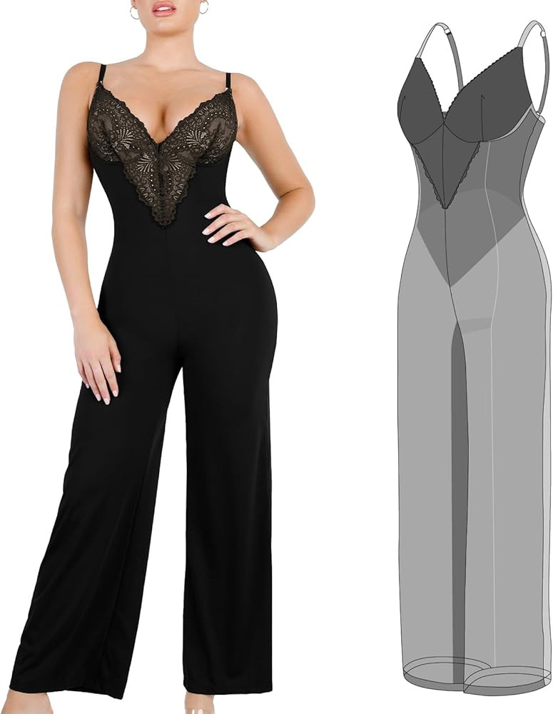 Popilush Lace Shapewear Jumpsuit for Women Built In Shapewear Backless V Neck Flare leggings Spag... | Amazon (US)