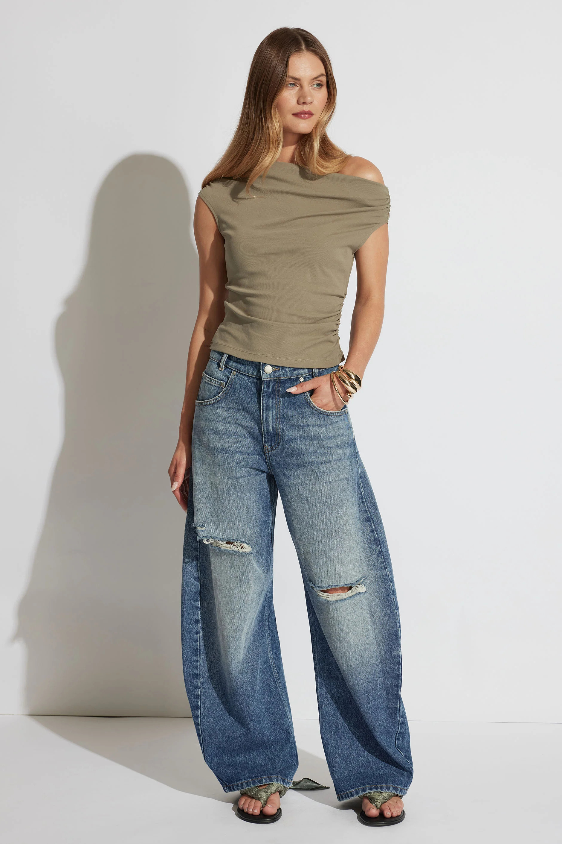 Ally Tipped Shoulder Top - Caper Green | DECJUBA