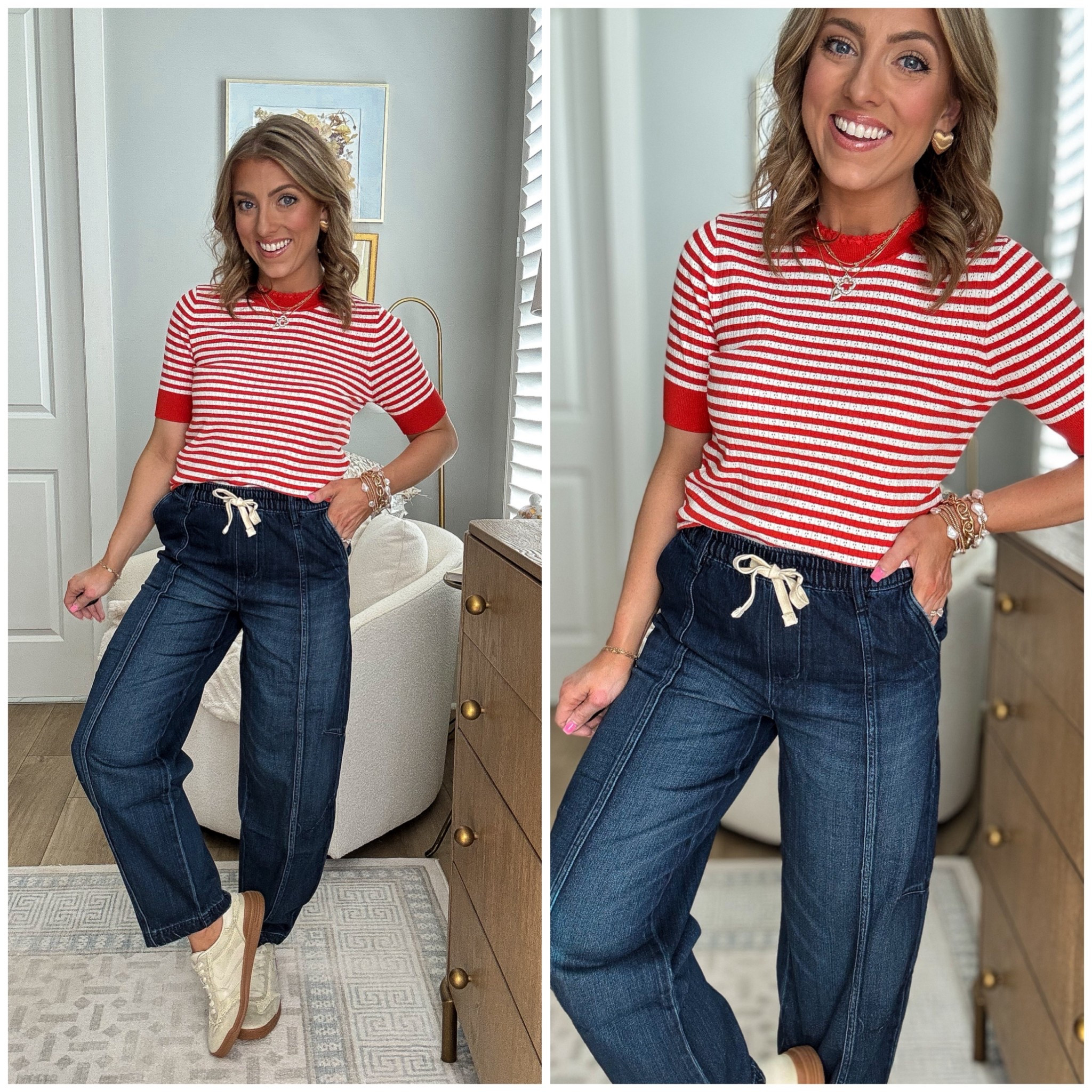Head-to-toe Walmart outfit and I am obsessed 😍 These pull-on elastic waist barrel jeans are seriously amazing—so comfy, flattering, and easy to wear. The relaxed barrel-leg fit gives that effortless, on-trend look while the stretchy waistband makes them perfect for everyday life 🙌

Paired with this striped short-sleeve sweater top for an easy, polished outfit that works for school drop-off, errands, casual days, or dressing up just a bit. Finished with comfy Walmart sneakers for a look that’s cute and practical. Affordable, comfortable, and stylish—this is Walmart fashion done right 🤍

Everything is linked and easy to recreate from Walmart 💙

#WalmartFashion #WalmartFinds #WalmartOutfit #BarrelJeans #PullOnJeans #ElasticWaistJeans #EverydayStyle #CasualChic #AffordableFashion #BudgetFriendlyStyle #MomStyle #ComfortableStyle #EasyOutfits #SpringStyle #OOTD