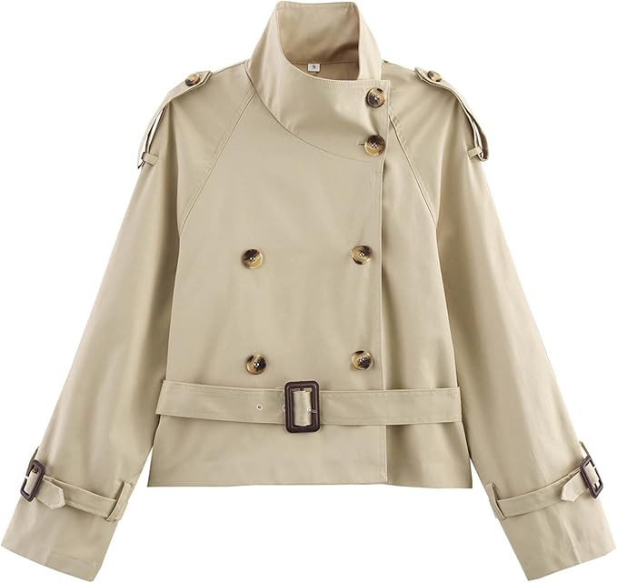 Women Trench Coat Double Breasted Stand Collar Belted Outerwear Fall Casual Fashion Cropped Jacke... | Amazon (US)