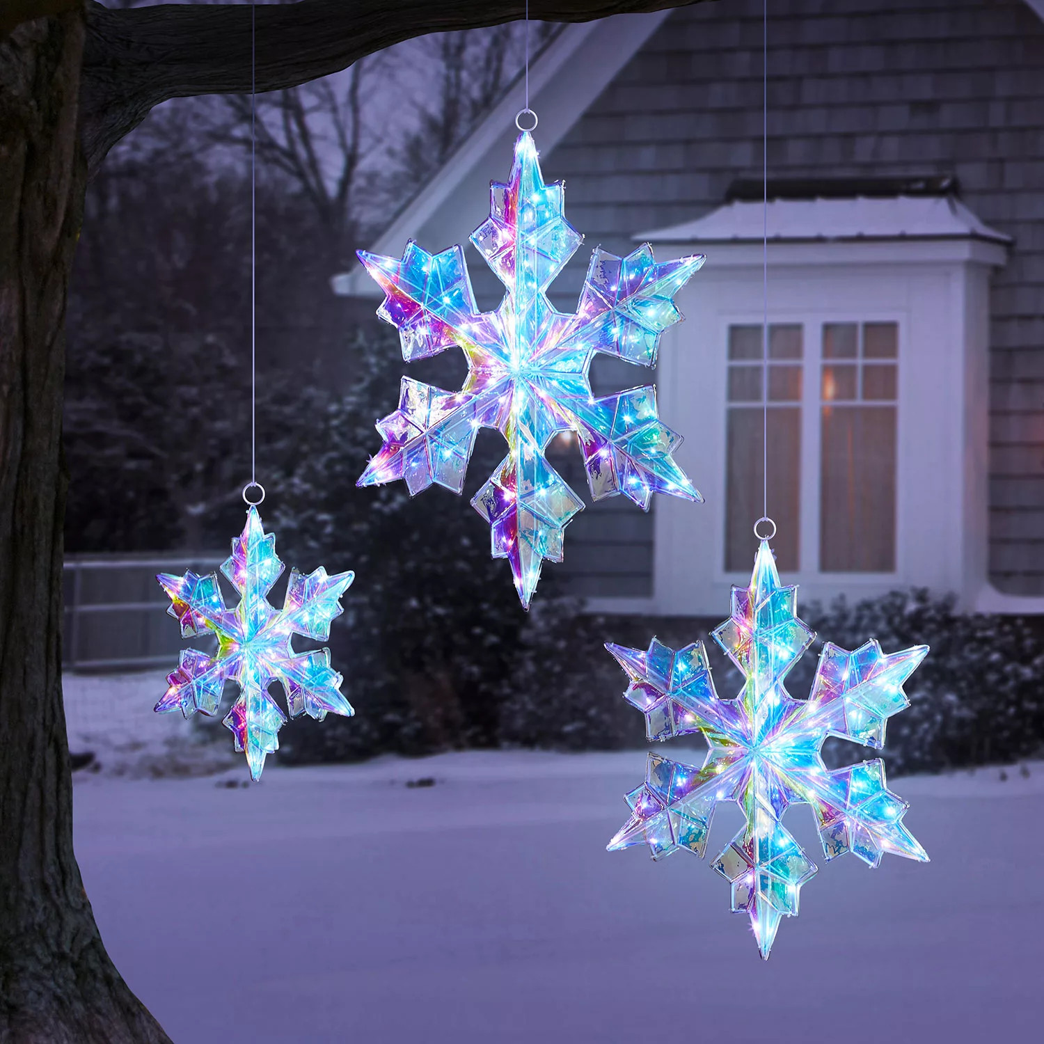 Member's Mark Set of 3 Pre-Lit Prismatic Snowflakes | Sam's Club