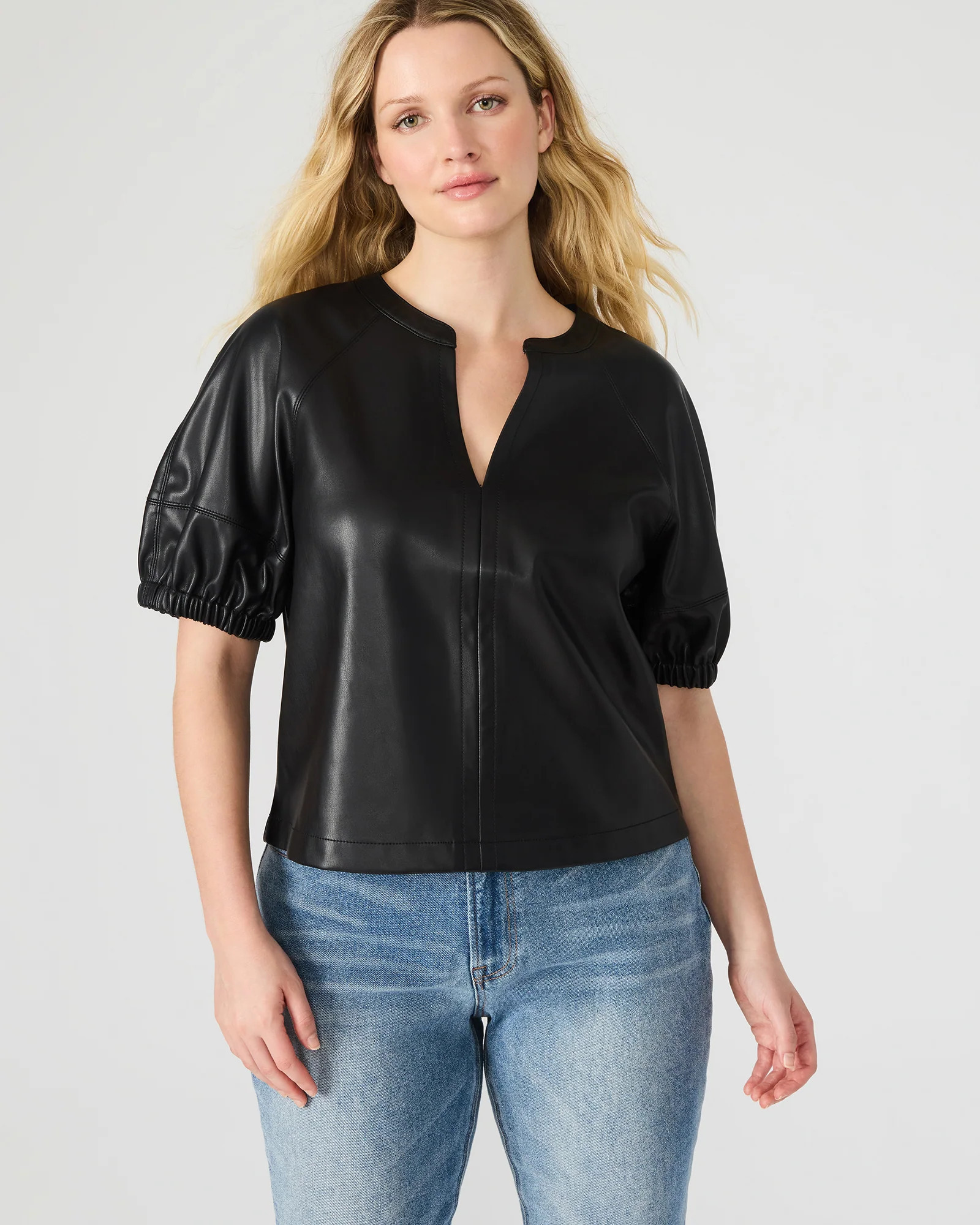 Steve Madden Women's Roxanne Top Short Sleeve Faux Leather Tops - Black - Size Small | Steve Madden (US)