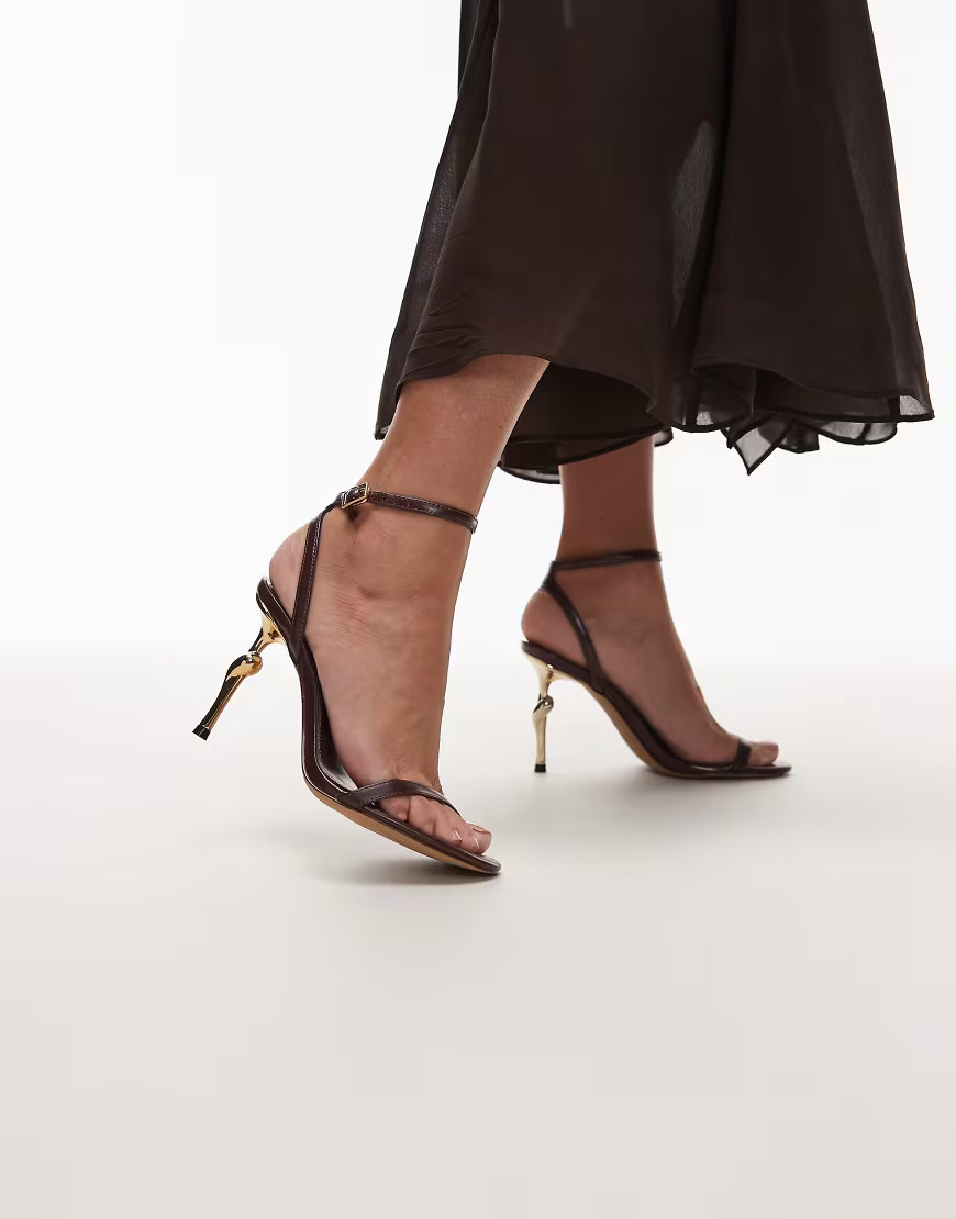 JW PEI Alivia heeled sandals with gold metal heel in brown | ASOS (Global)