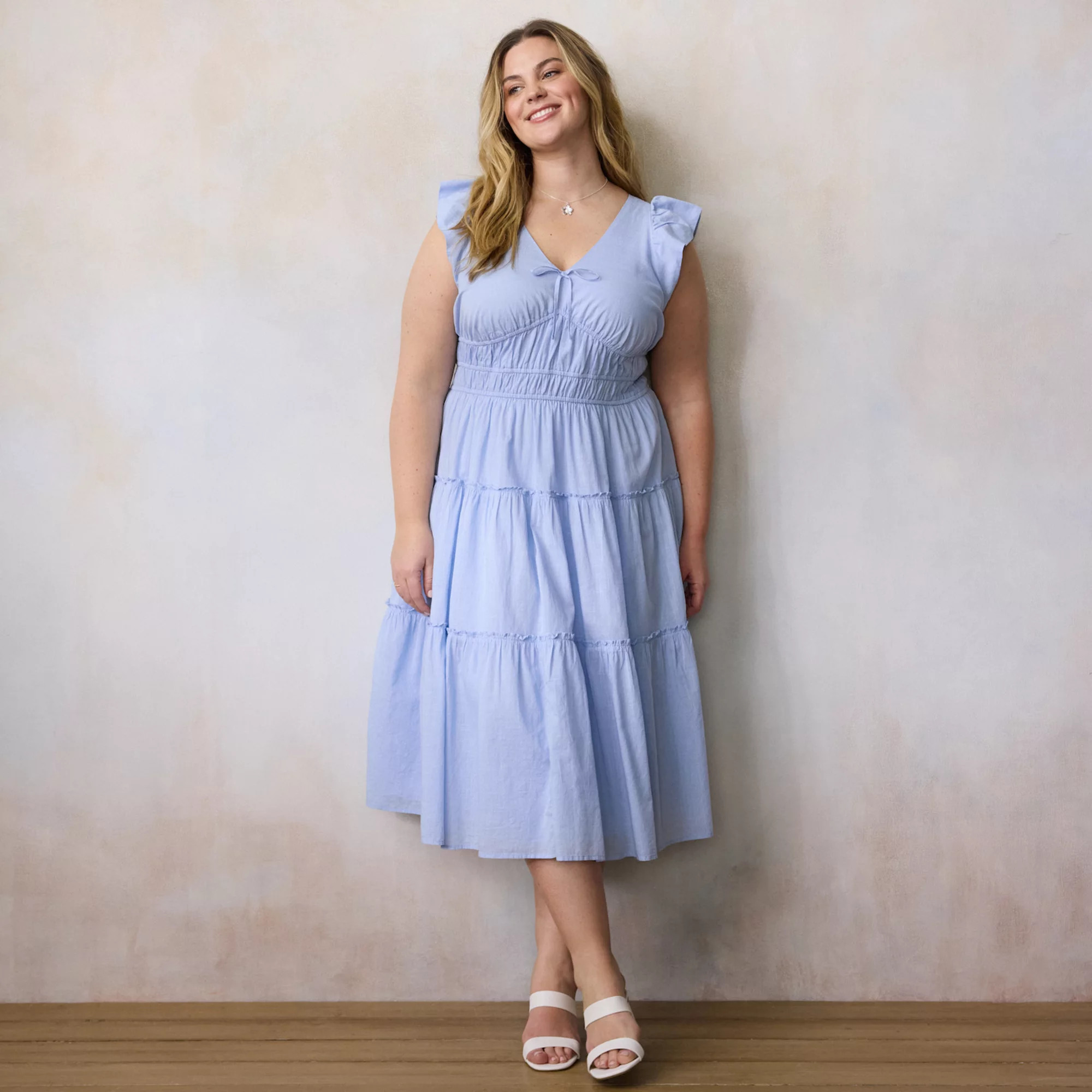 Plus Size LC Lauren Conrad Shirred Bodice Ruffle Sleeve Midi Dress | Kohl's