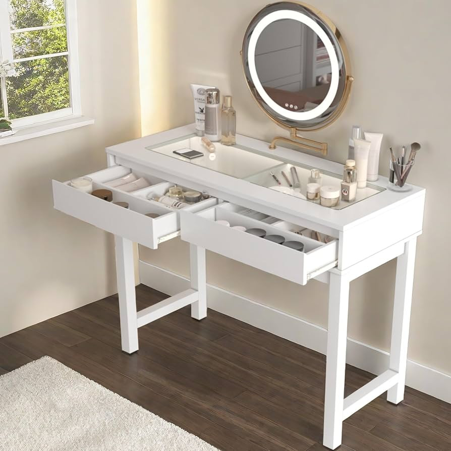 Makeup Vanity Desk with 360° Rotation & Extendable Lighted Mirror, Small Tempered Glass Tabletop... | Amazon (US)