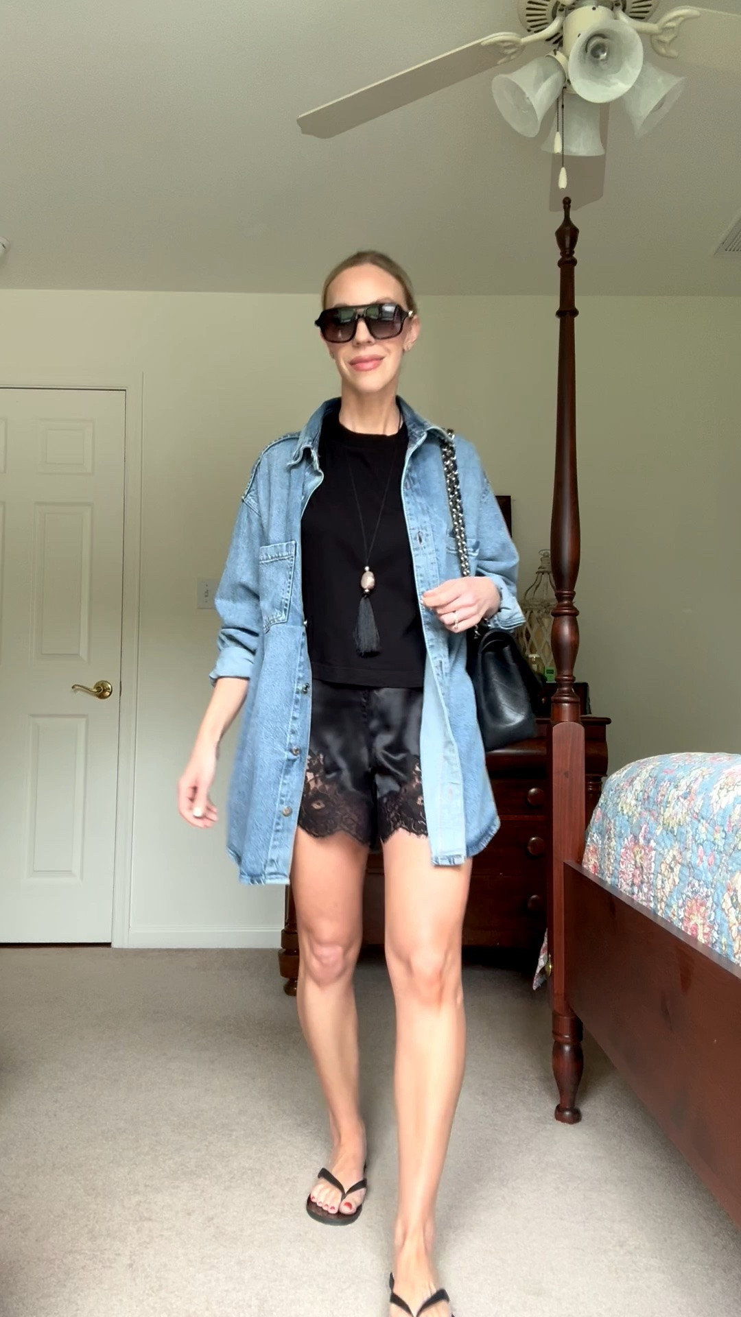 Styling lace trim shorts over 40 with oversized denim shirt, cropped tee and thong sandals

#LTKOver40 #LTKSeasonal #LTKgrwm