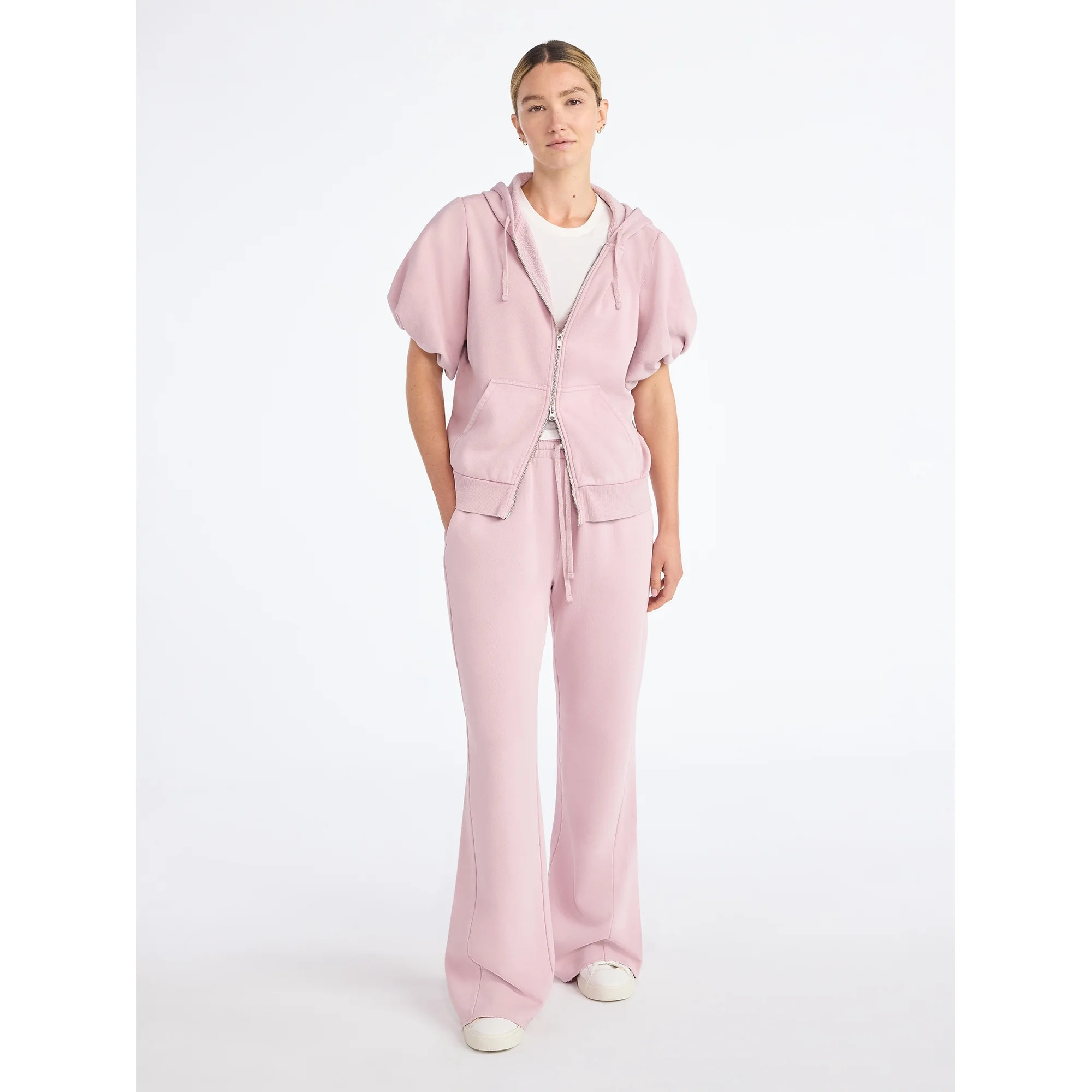 Scoop Women’s Mineral Washed Zip Hoodie with Short Puff Sleeves, Sizes XS-XXL | Walmart (US)