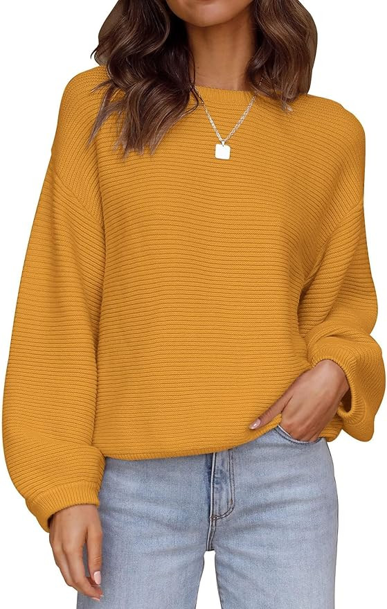 ZESICA Women's 2024 Crew Neck Long Lantern Sleeve Casual Loose Ribbed Knit Solid Soft Pullover Sw... | Amazon (US)