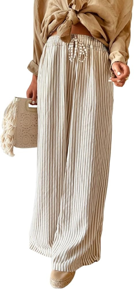Women's Casual High Waist Wide Leg Pants Summer Striped Drawstring Palazzo Trousers with Pockets | Amazon (US)