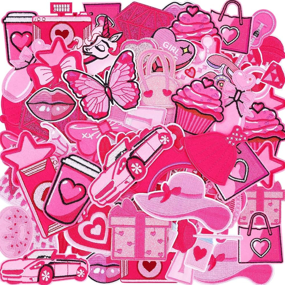AUGSUN 60pcs Hot Pink Embroidered Patches Random Assorted Styles Pink Theme Iron on Patches for G... | Amazon (US)