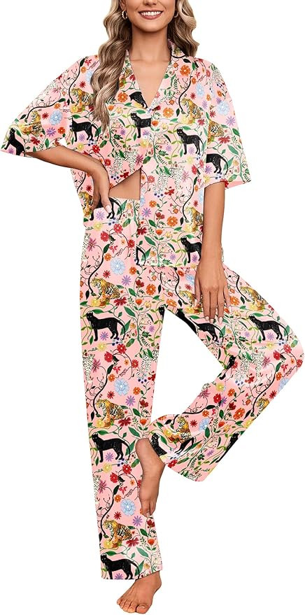 Ekouaer Silk Satin Pajamas Set Women Short Sleeve Pj Sets Button Down Sleepwear 2 Piece Soft Loun... | Amazon (US)