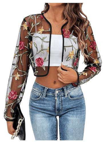 OYOANGLE Women's Floral Embroidered Open Front Crop Jackets Long Sleeve Mesh Summer Cardigan Tops... | Amazon (US)