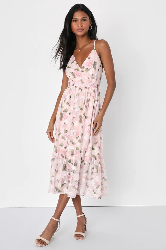 Pleasant Presence Blush Pink Floral Jacquard Tie-Back Midi Dress | Lulus (US)