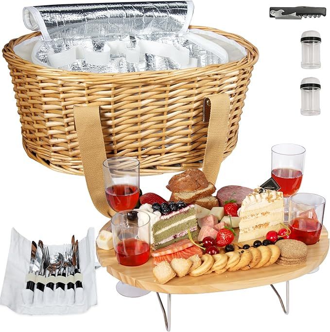 Hap Tim Wicker Picnic Basket Set for 4 with Mini Folding Wine Picnic Table & Large Insulated Cool... | Amazon (US)
